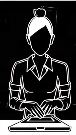 minimalist black and white illustration of a person typing on a laptop