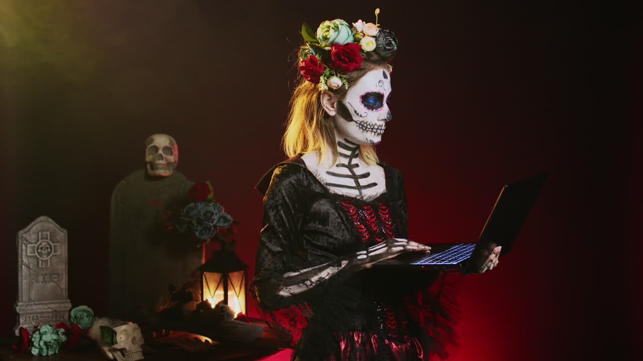 Woman dressed in Day of the Dead costume using laptop