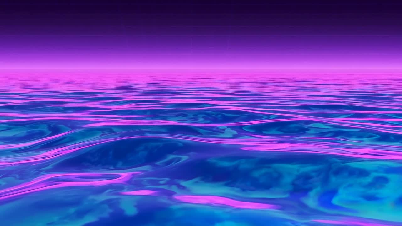 Mare al neon ondulato e ripetuto che si muove su un orizzonte magenta sotto un cielo viola, proiettando increspature lucenti
