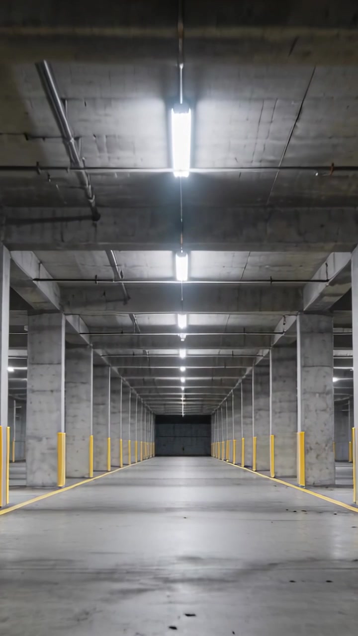 Video verticale: La telecamera si muove lungo la navata centrale in un garage, rivelando colonne, pali gialli e un cancello.