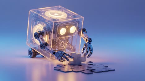 a clever robot assembles puzzle pieces with precision and care, showcasing its advanced technological capabilities and engaging in a fun activity under soothing lighting