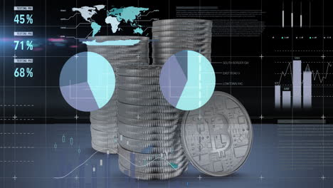animación del procesamiento de datos financieros sobre pilas de bitcoins