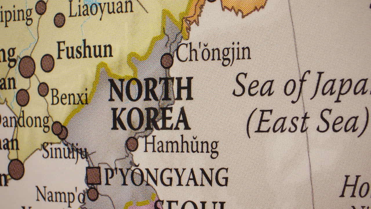 Close-up view of a map showing North Korea and surrounding regions