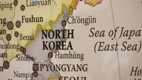 close-up view of a map showing north korea and surrounding regions
