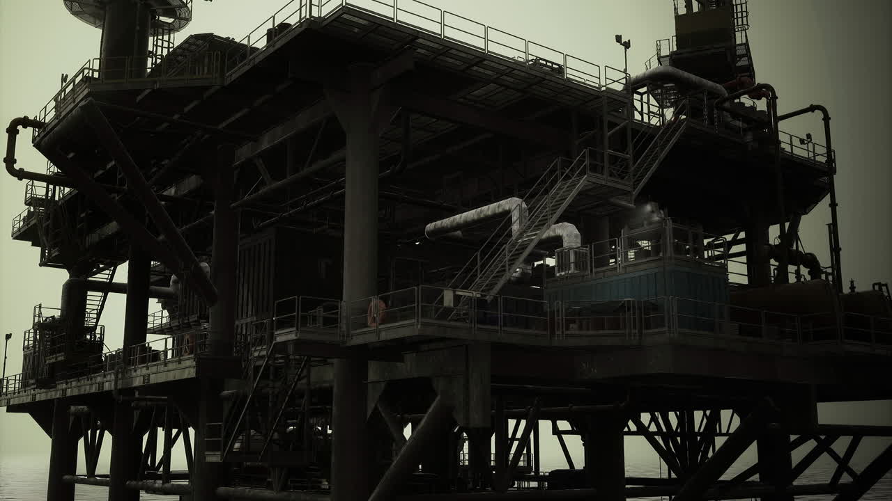 Olieboreplatformstruktur i skumringen, der fremhæver industrielle offshore-operationer.
