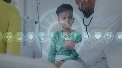 Animation-Von-Symbolen-Und-Daten-über-Einen-Afroamerikanischen-Männlichen-Arzt-Mit-Einem-Jungen-Patienten