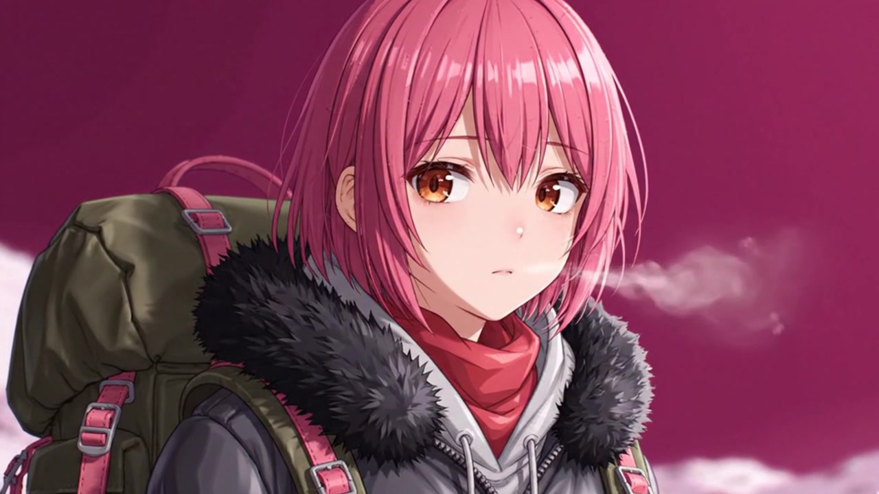 Ragazza anime in escursione con zaino in clima freddo