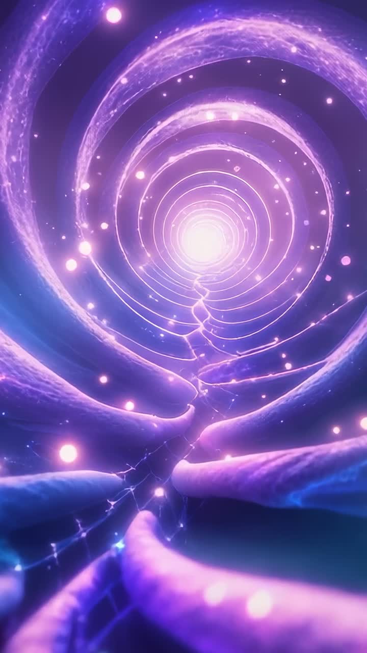 Vertical video: Entering vortex, camera advancing through rings and pulsing cables toward core