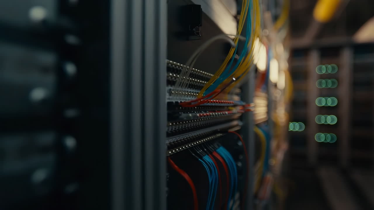 Close-up of network cables connected in a server rack