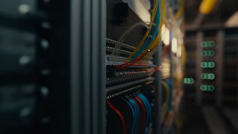 close-up of network cables connected in a server rack