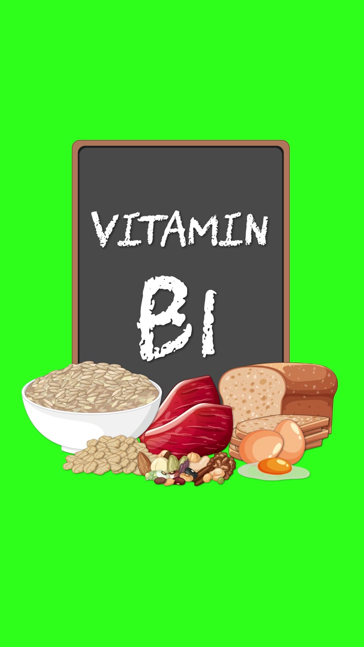 Testo su lavagna e illustrazioni di cibo si animano, evidenziando alimenti ricchi di tiamina (vitamina B1)