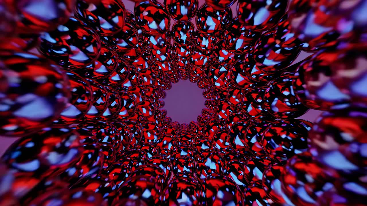 esferas metálicas y brillantes que crean un efecto de túnel hipnótico, la transición a través de variaciones de color de azul profundo a rojo vibrante, generando un fondo abstracto hipnotizante