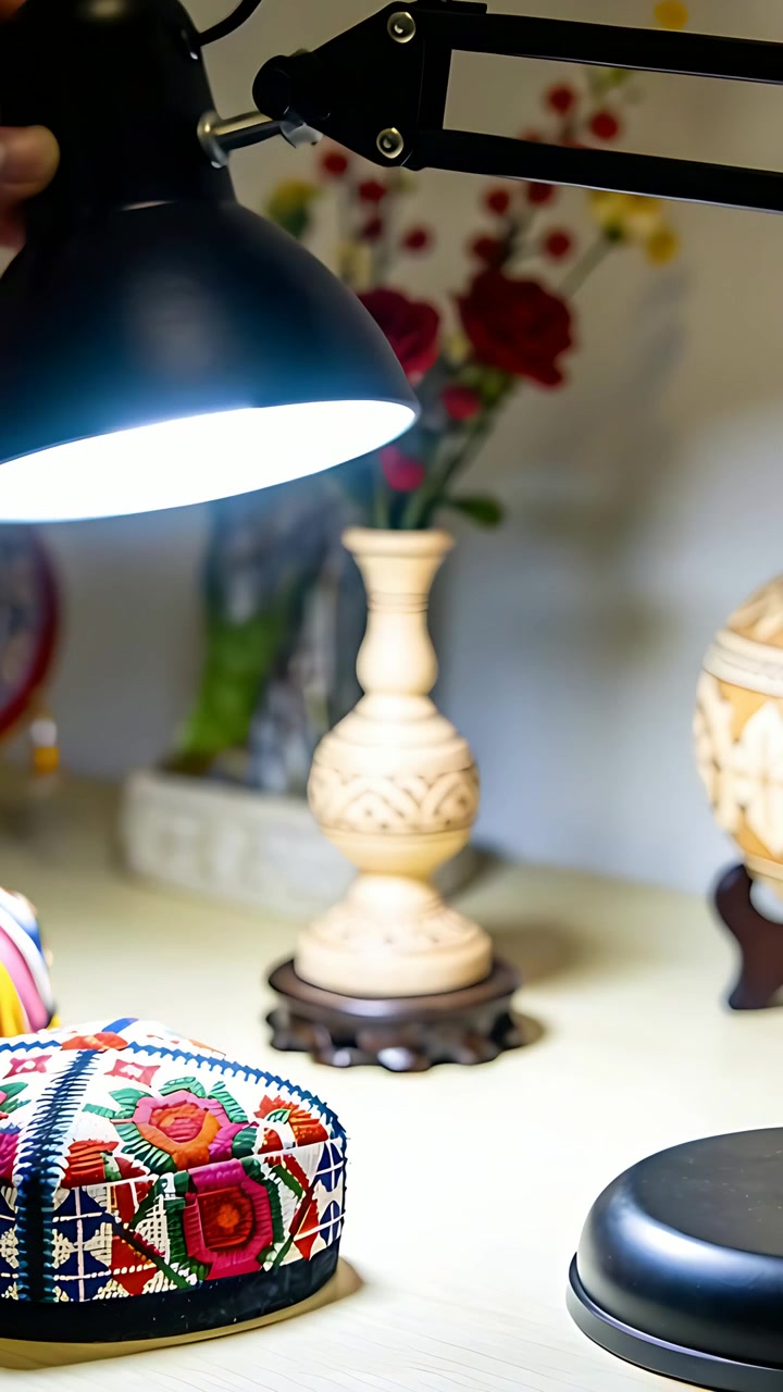 Vertical video: Entering left hand adjusting lamp on tabletop, centering light on box and vase