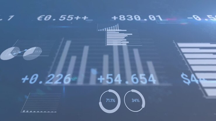 Animation af finansielle data og grafer over en marineblå baggrund.