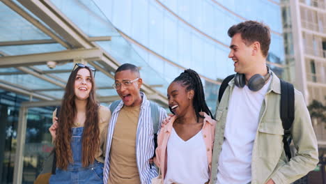 students, friends group and walk at university