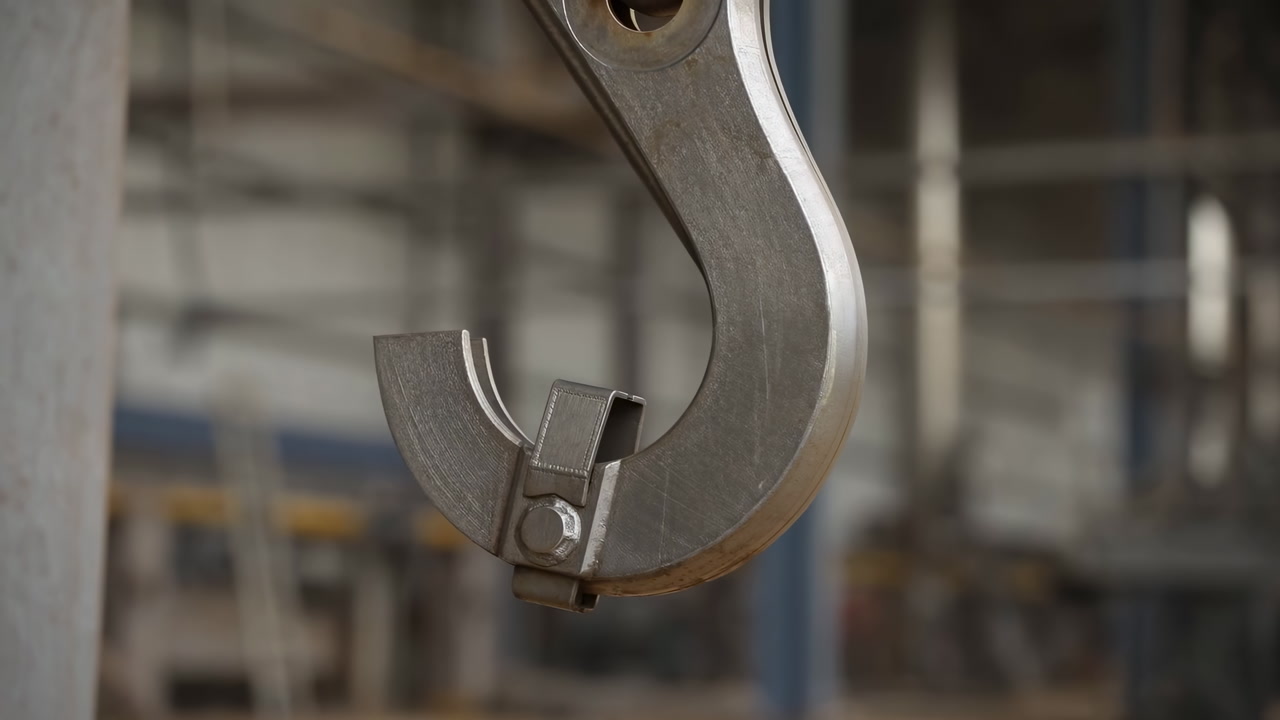 Closeup Steel Crane Hook In Factory, Overhead Hoist With Weathered Steel Finish, Blurred Scaffolding