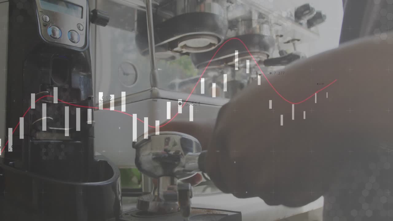Barista mengunci portafilter krom ke stasiun espresso, melapisi grafik lilin keuangan.