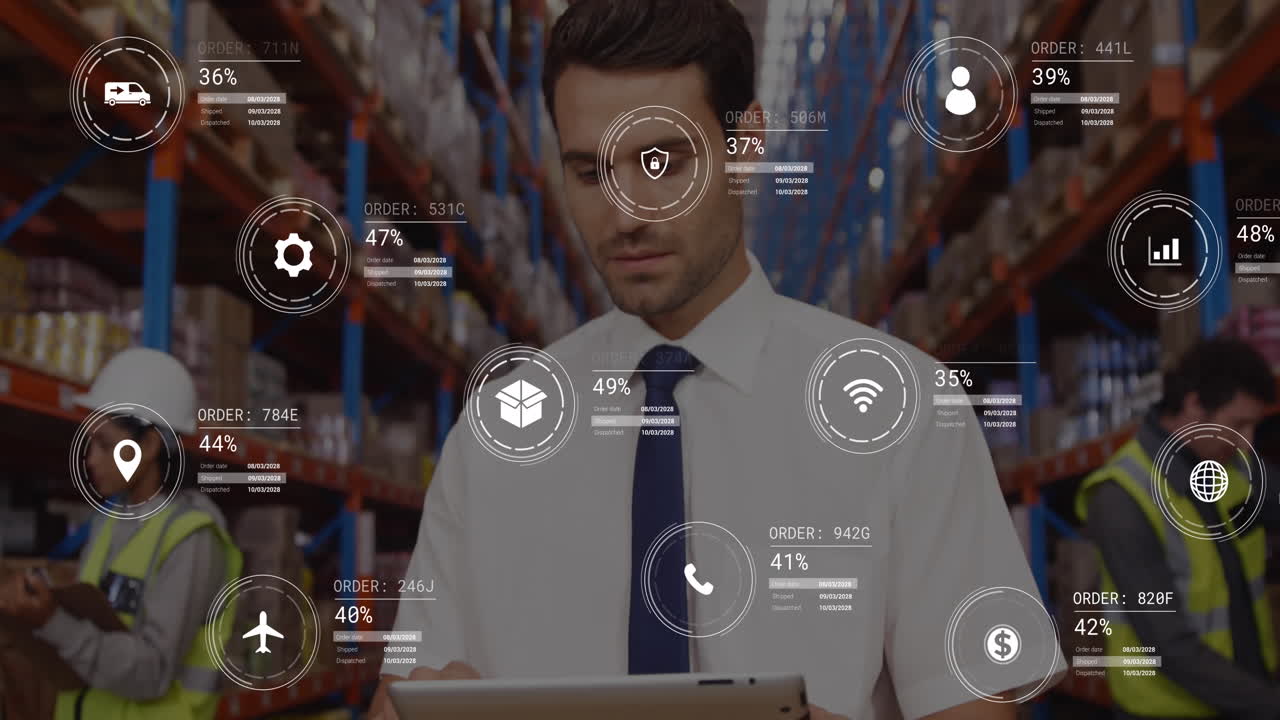 animación de procesamiento de datos contra el supervisor masculino caucásico usando una tableta digital en el almacén
