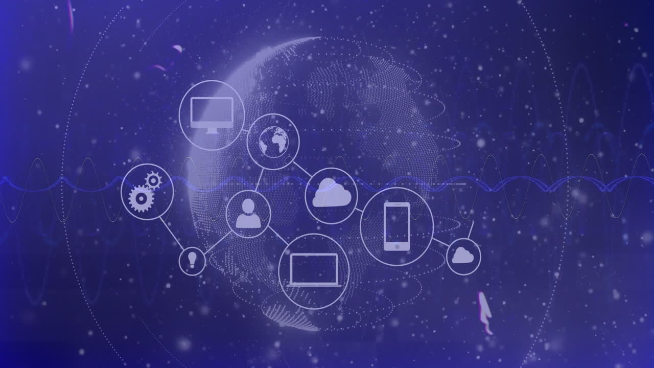 Animation of digital network icons with globe, binary code, and data visualization