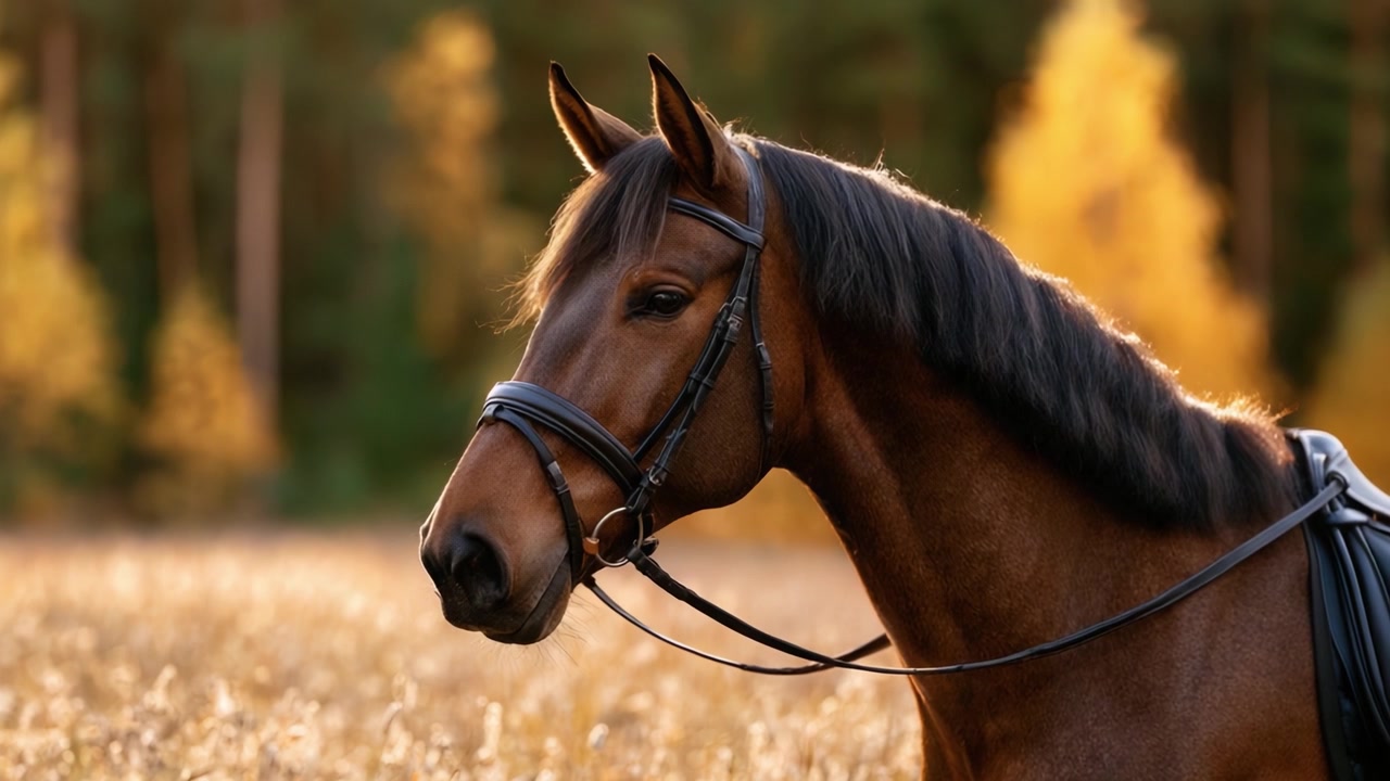 En majestætisk hest i efterårsomgivelser: Fængslende portræt af en brun hest med en smuk manke midt i levende gult løv