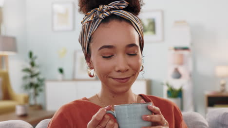 woman, drinking coffee or relax on living room
