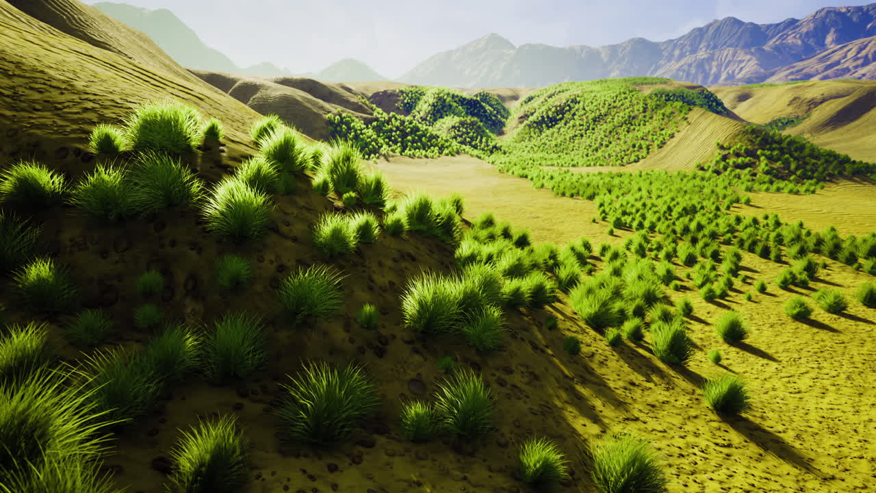 Vibrant green hills and valleys under a bright sky at sunrise glow beautifully