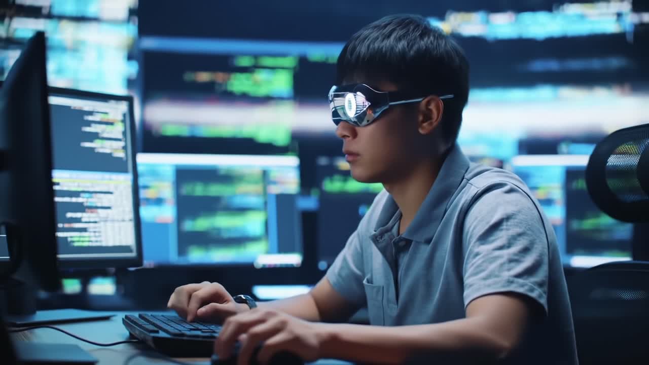 Focused Individual Engaged in Programming and Data Analysis in a High-Tech Environment Surrounded by Multiple Monitors and Complex Coding Interfaces