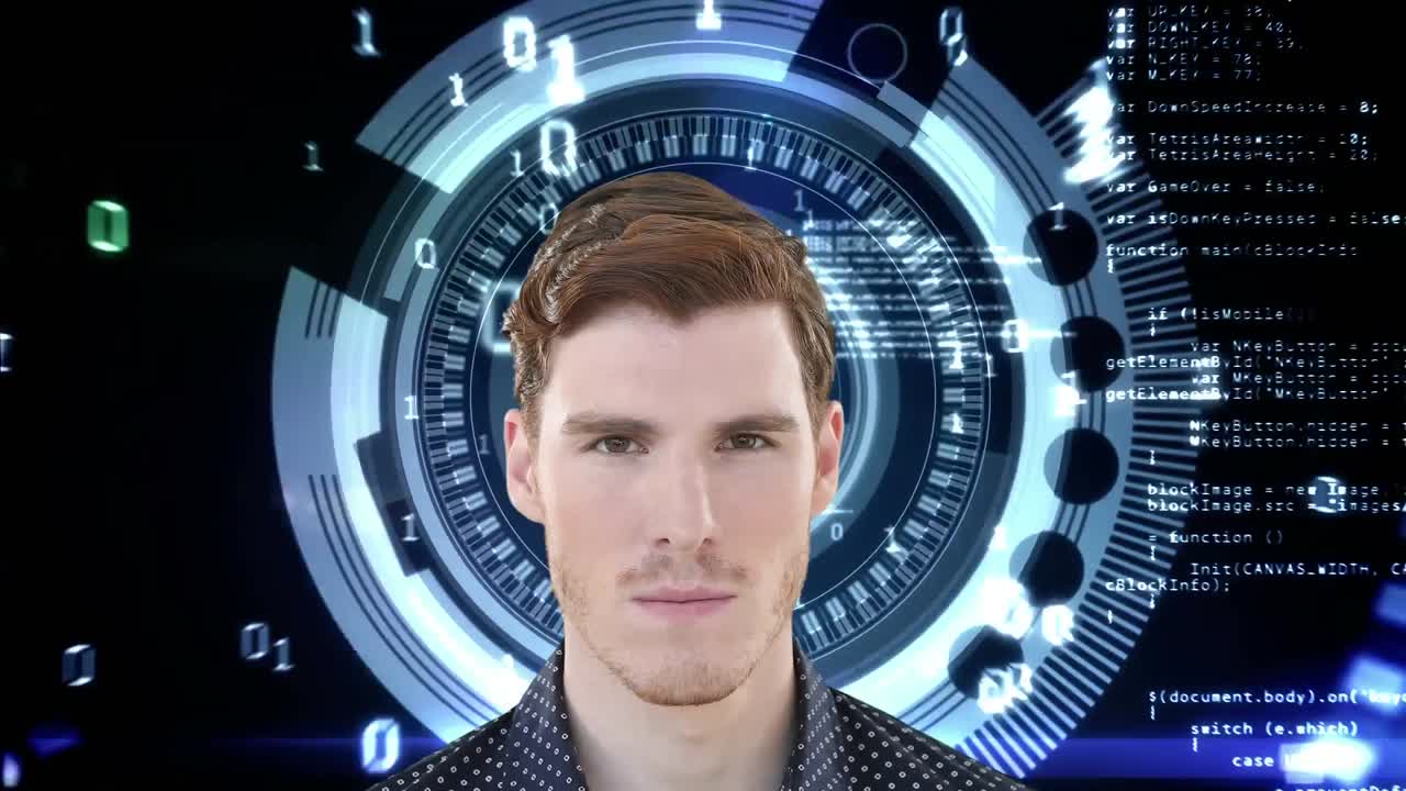 카메라를 바라보는 백인 남자의 애니메이션 여러 원, 숫자와 데이터가 떠다니고 있습니다.