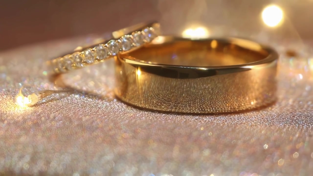Gnistrende guld vielsesringe med diamanter og varm bokeh