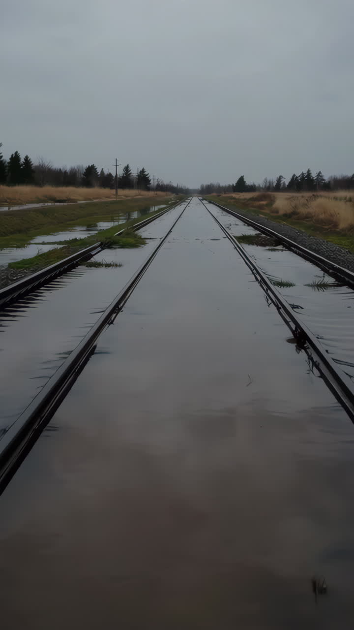 Flooded Railroad Tracks on a Gloomy Day