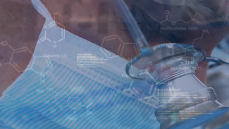 animation of chemical formulas over head of biracial female lab technician looking into microscope