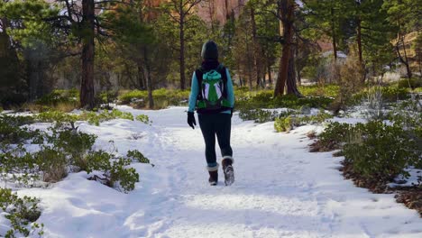 Chica-Mujer-Senderismo-Con-Formación-De-Rocas-Rojas-Y-Nieve-Cerca-De-Bryce-Canyon-En-El-Sur-De-Utah