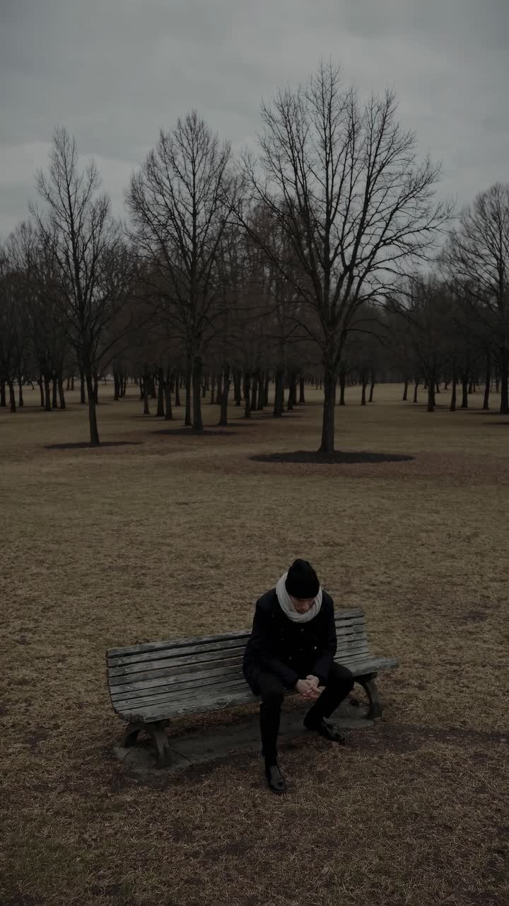 A somber video scene of a person sitting on a bench in a barren park