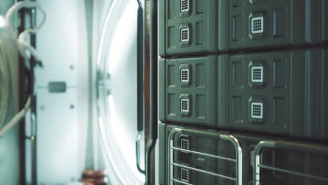 interior view of a space station module with storage units in orbit