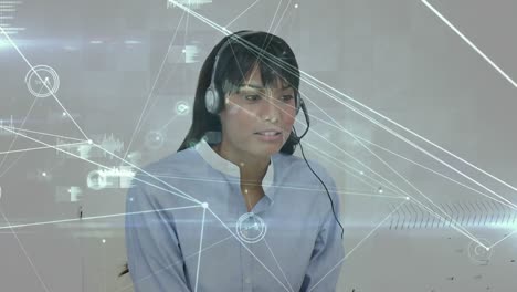 Animation-of-networks-of-connections-over-businesswoman-using-phone-headsets