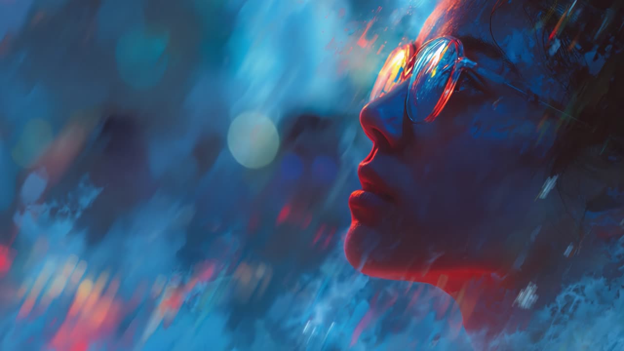 A Dreamy Portrait of a Pensive Individual with Reflective Sunglasses in a Colorful, Blurred Background, Evoking a Sense of Contemplation and Mystery