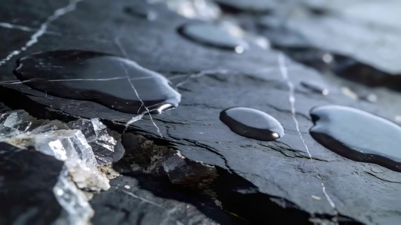 Shifting camera moving focus forward over dark veined rock, revealing beaded droplets, crystals