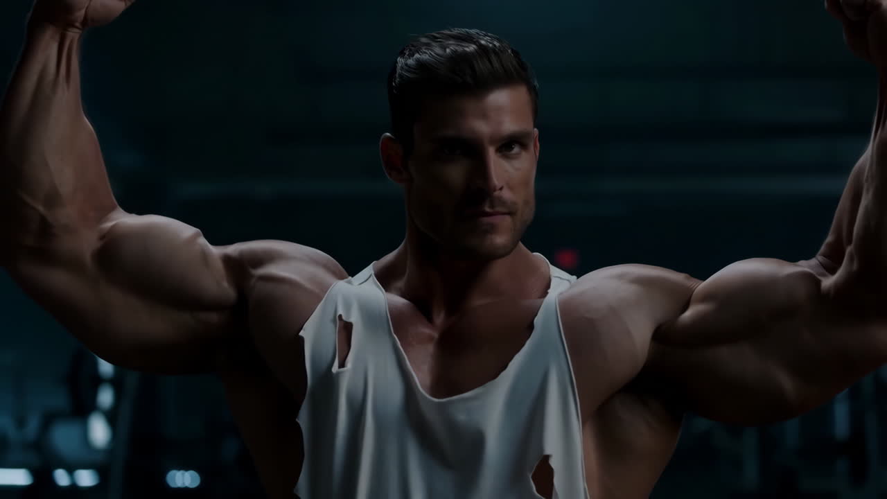Muscular Man Flexing Biceps in a Gym