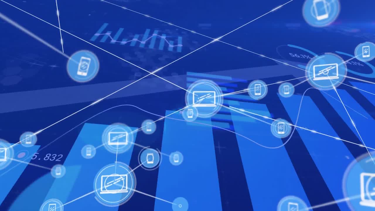 animación del procesamiento de datos financieros con una red de conexiones con iconos digitales