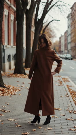 a woman in a long brown coat walks through autumn city streets