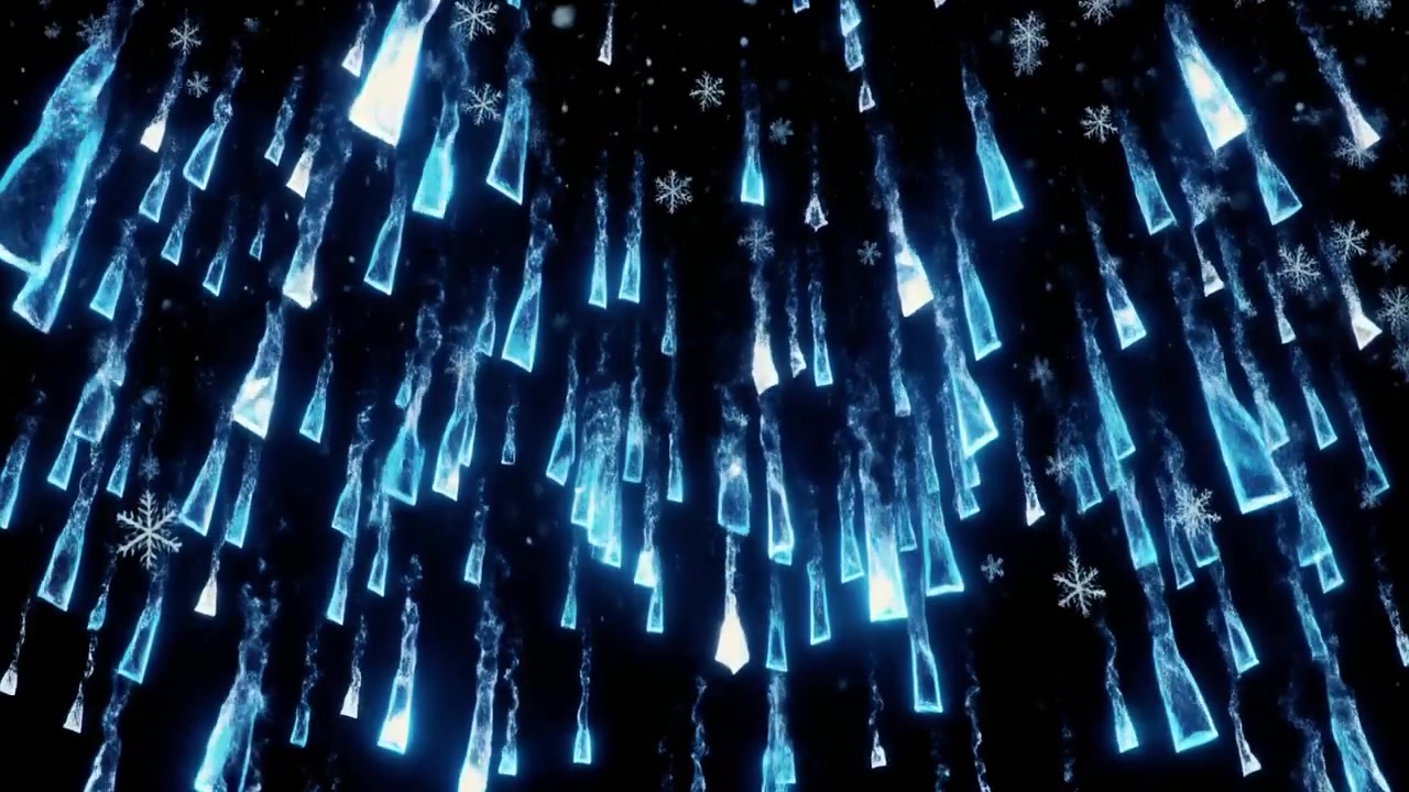 Glowing Blue Ice Shards Falling with Snowflakes on Black Background