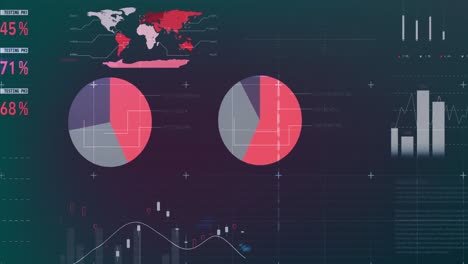 animation of statistical data processing over grid network against purple gradient background