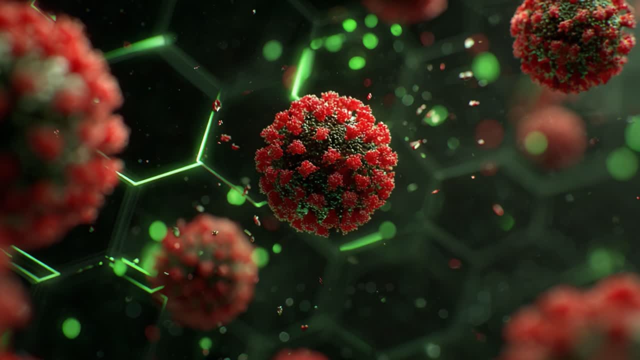 Esplorando il mondo microscopico: primi piani di particelle virali su uno sfondo esagonale futuristico