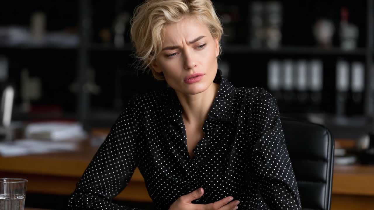 A Woman Expressing Discomfort: Exploring Emotional Responses to Physical Strain in a Professional Setting, Captured in Two Key Frames