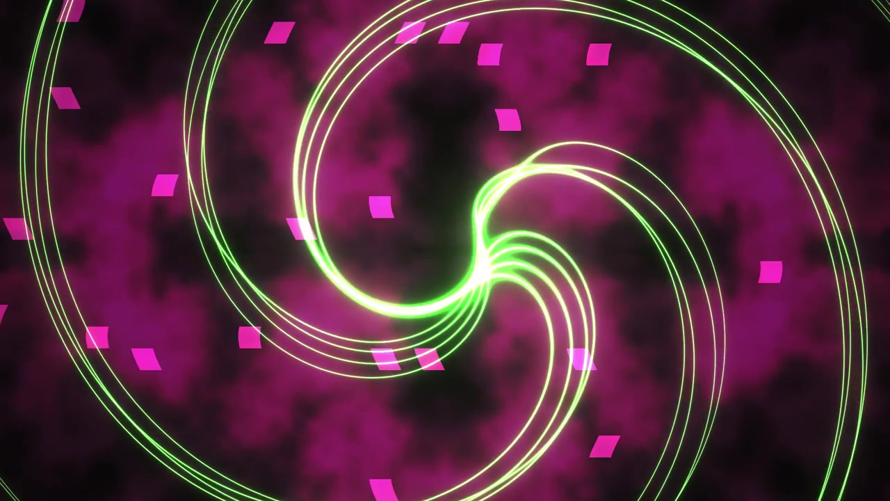 Sfondo animato astratto con vortici verdi luminosi e particelle rosa