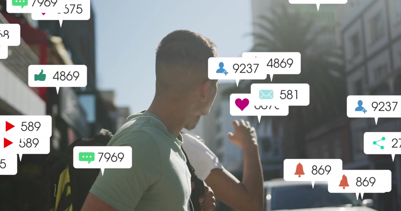 Animation of multiple notification bars over diverse friends waving hands to stop cab