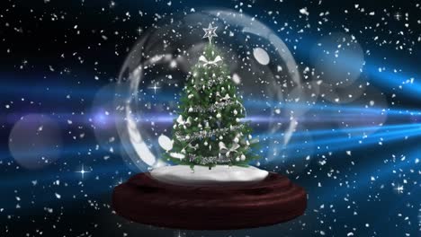 Red-shooting-star-around-christmas-tree-in-a-snow-globe-against-spots-of-light-on-blue-background