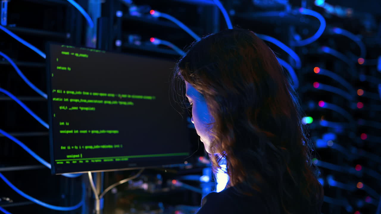 Woman programming in a server room
