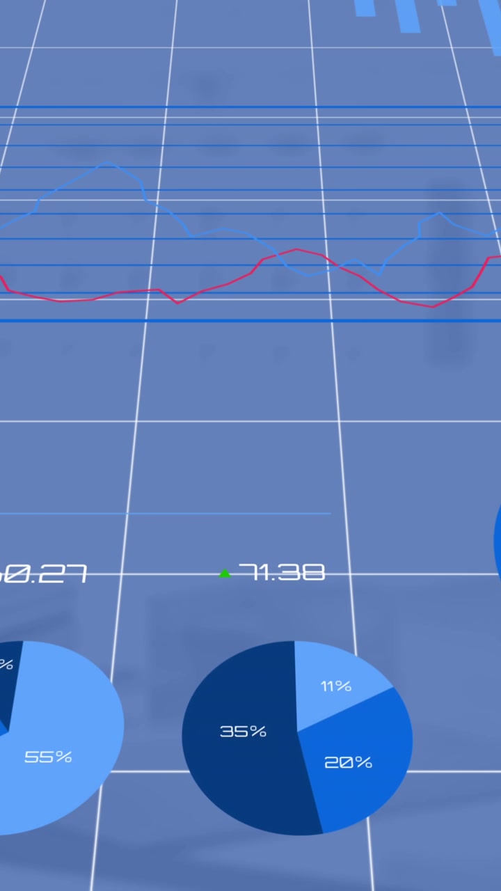 Animation af statistik og finansiel databehandling over et skrivebord på et kontor