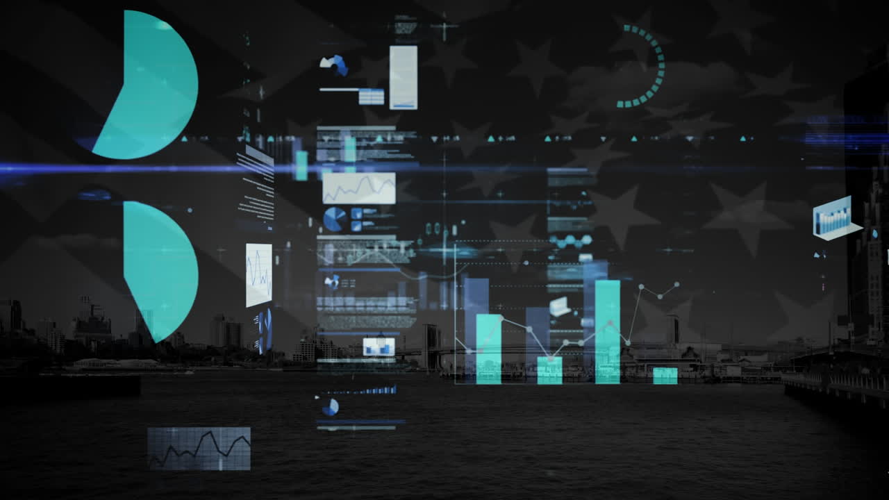 Animation of financial data processing over cityscape